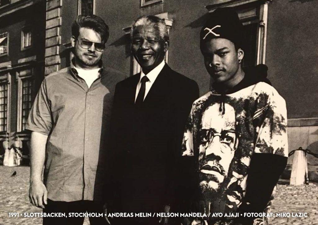 Fotograf: Miko Lazic: Andreas B. Melin, Nelson Mandela, Ayo Ajaji, Slottsbacken, Stockholm 1991